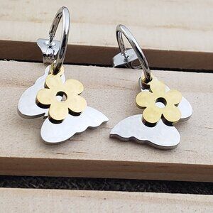 Stainless steel Butterfly/flower  Hypoallergenic hoop earrings 12mm/15mm/20mm